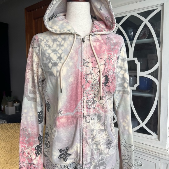 Lucky Brand Tops - Lucky Brand Floral Zip-Up Hoodie - Pink and Gray Y2K vintage Sz M
